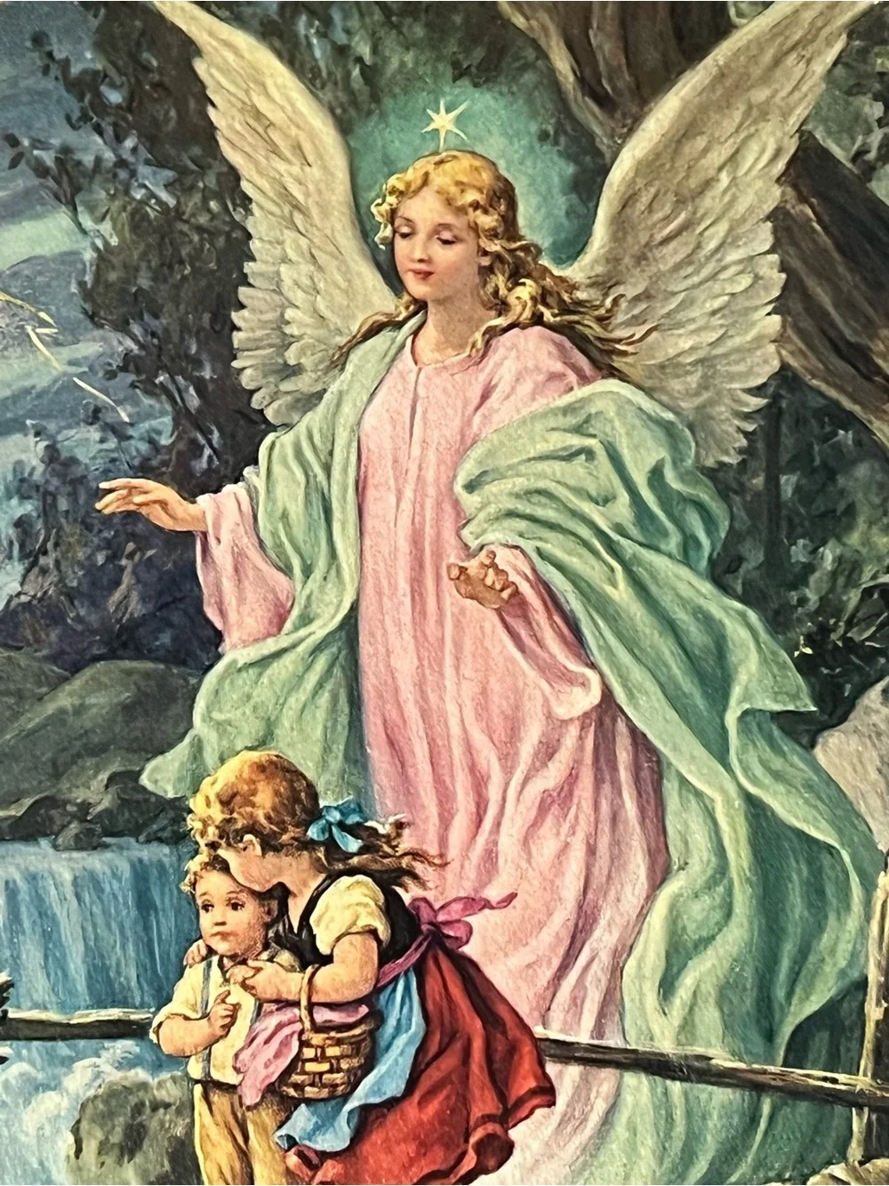 Guardian Angel Vintage Art Print - Pink & Mint Green
